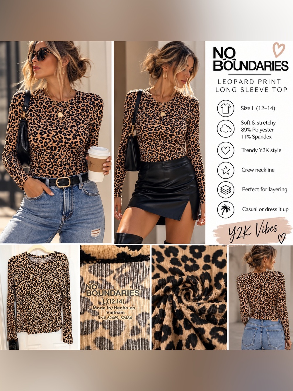 No Boundaries Leopard Print Long Sleeve Top Y2K Stretch L 12-14